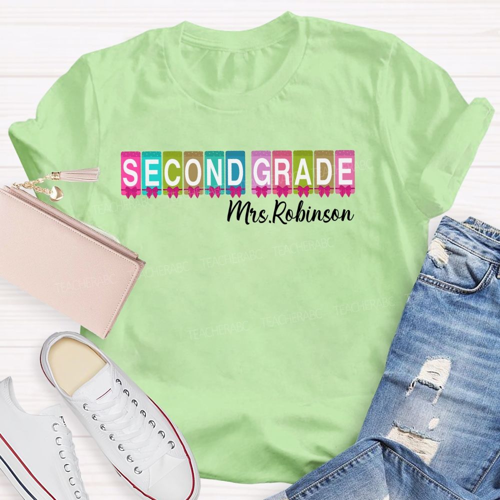 Personalized Name  And Grade  Second Grade  Colorful Squares Bow  Teacher T-shirt