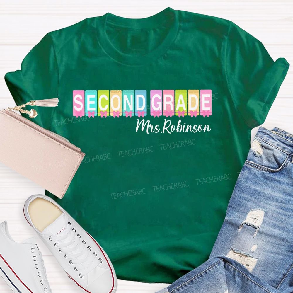 Personalized Name  And Grade  Second Grade  Colorful Squares Bow  Teacher T-shirt