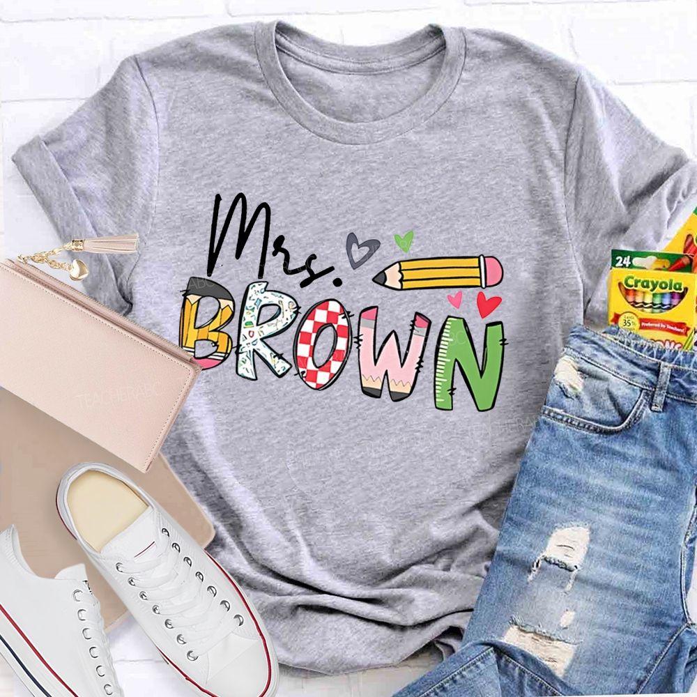 Personalized Name Pencil Letter Graphics  Teacher T-shirt