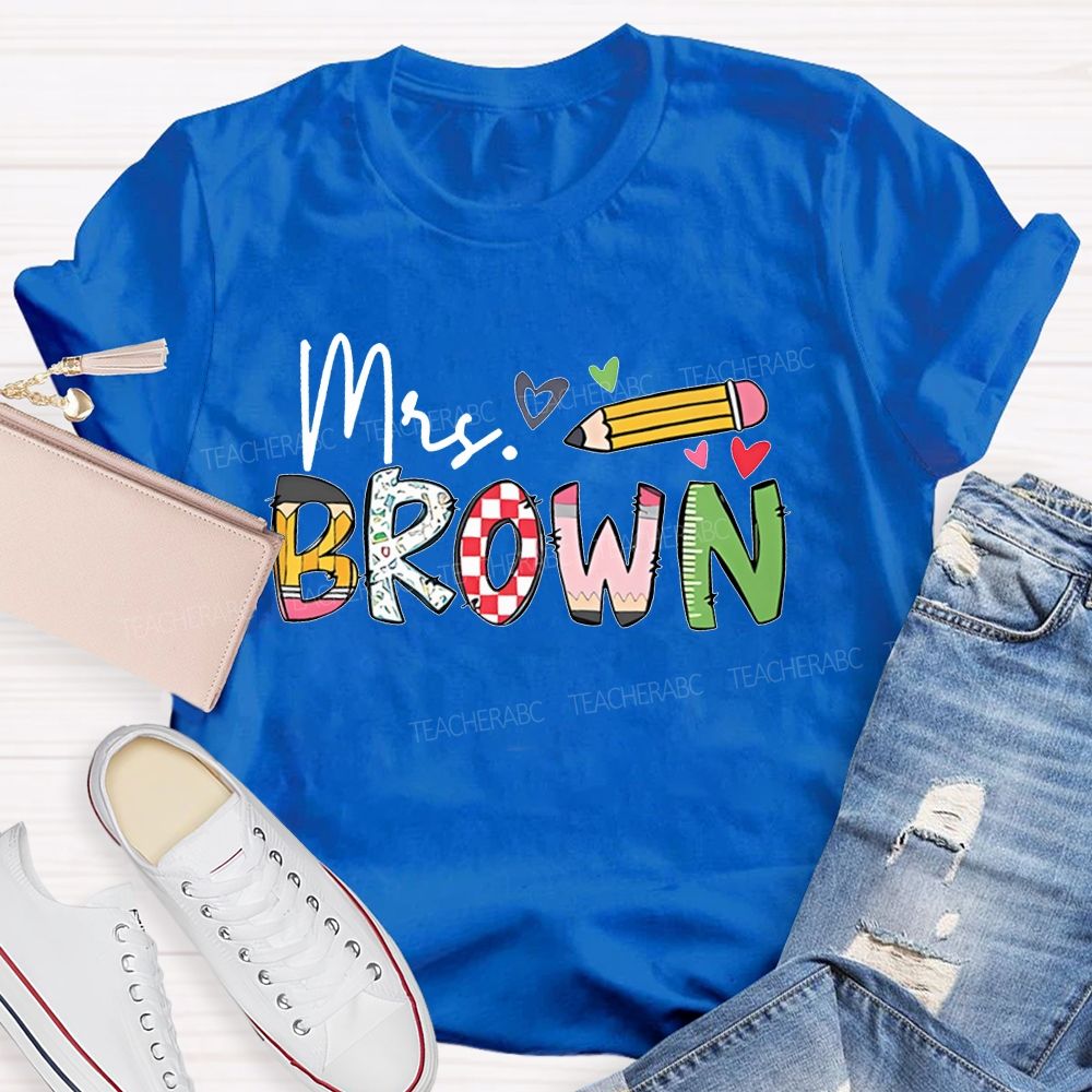 Personalized Name Pencil Letter Graphics  Teacher T-shirt