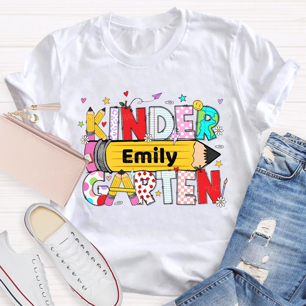 Personalized Name  And Grade   Pencil Letter Graphics  Teacher T-shirt
