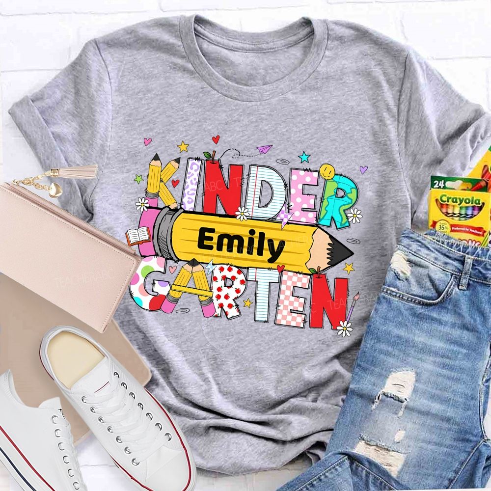 Personalized Name  And Grade   Pencil Letter Graphics  Teacher T-shirt
