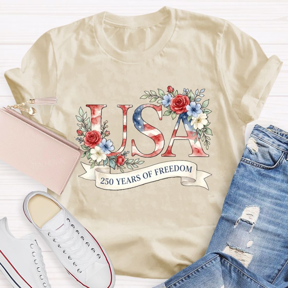 250 Years Of Freedom Floral USA Teacher T-Shirt