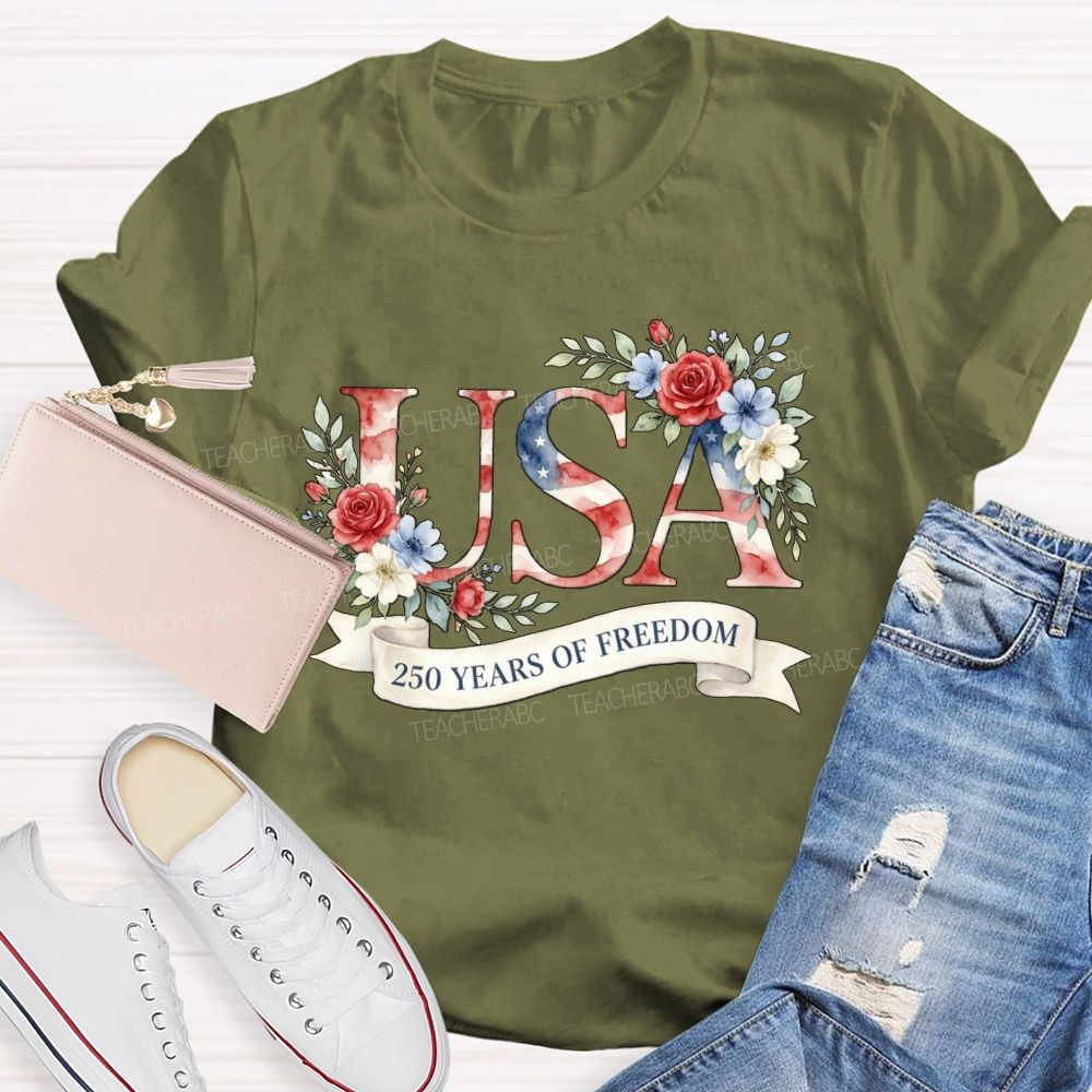 250 Years Of Freedom Floral USA Teacher T-Shirt