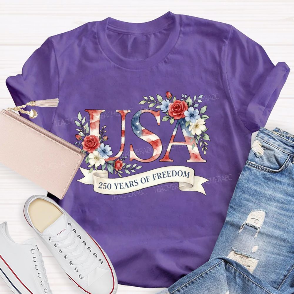250 Years Of Freedom Floral USA Teacher T-Shirt