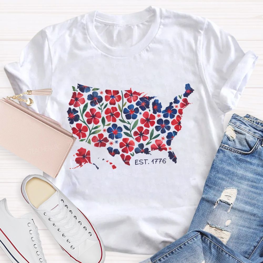 Floral USA Map Est 1776 Teacher T-shirt