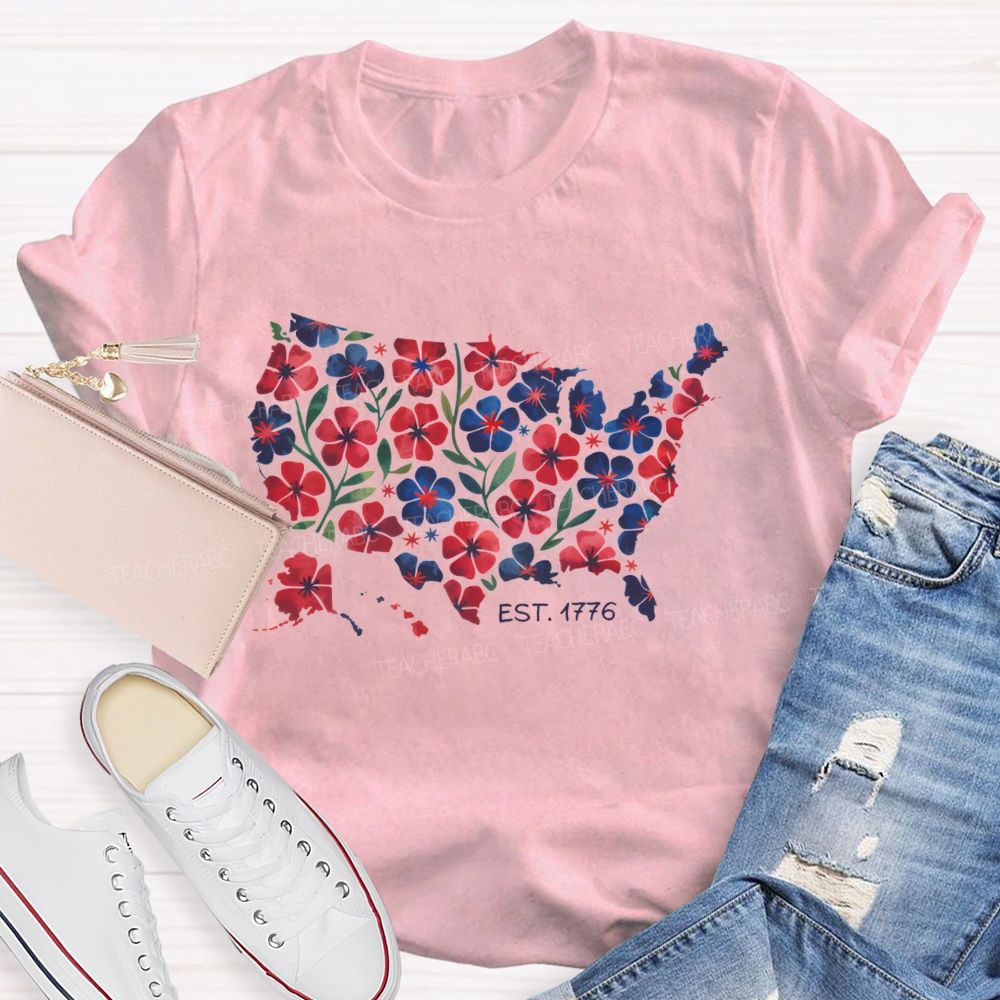Floral USA Map Est 1776 Teacher T-shirt