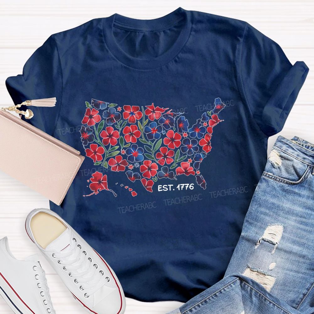 Floral USA Map Est 1776 Teacher T-shirt