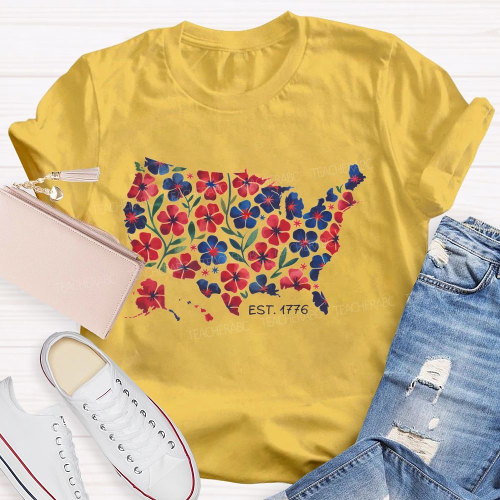 Floral USA Map Est 1776 Teacher T-shirt