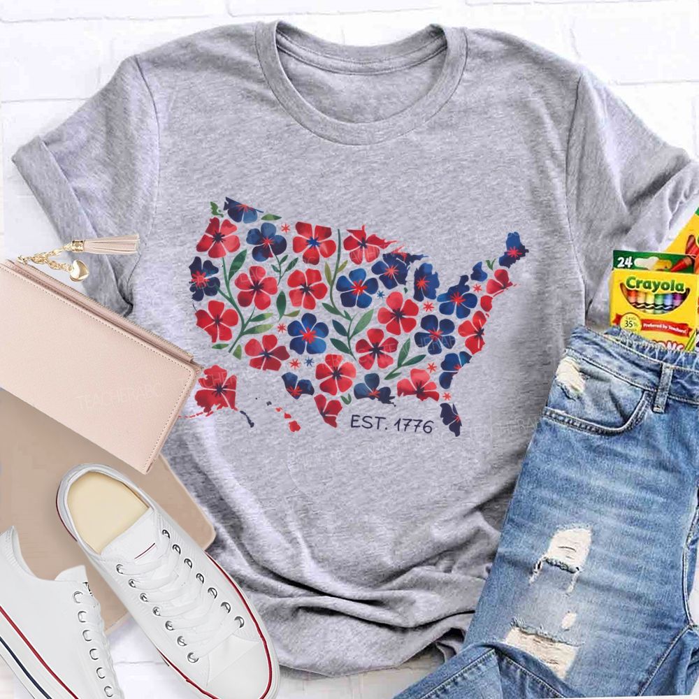 Floral USA Map Est 1776 Teacher T-shirt