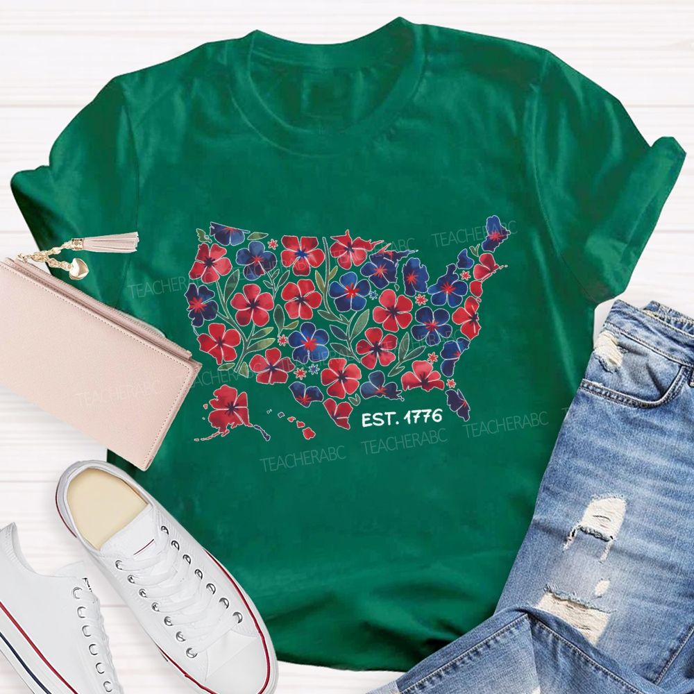 Floral USA Map Est 1776 Teacher T-shirt