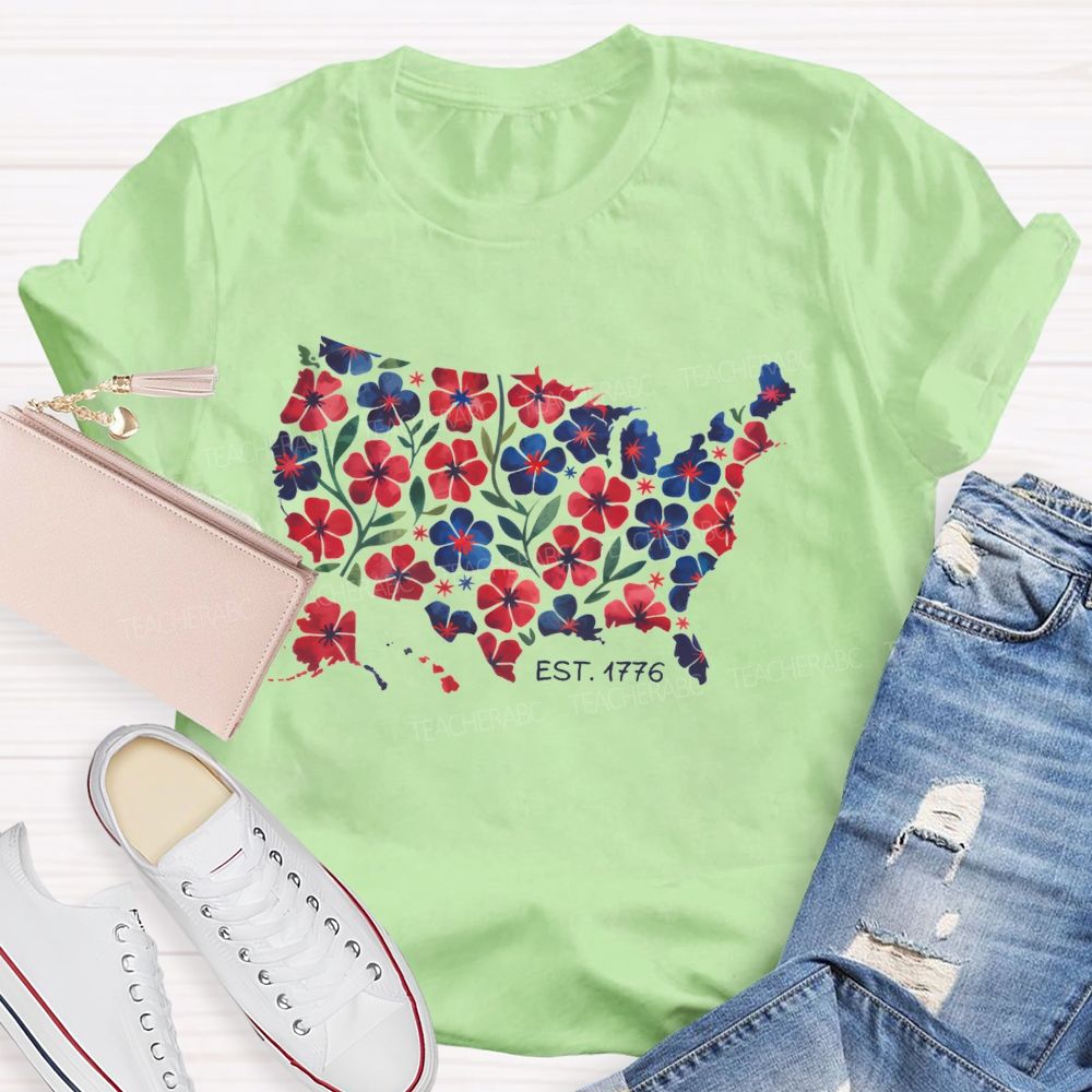 Floral USA Map Est 1776 Teacher T-shirt
