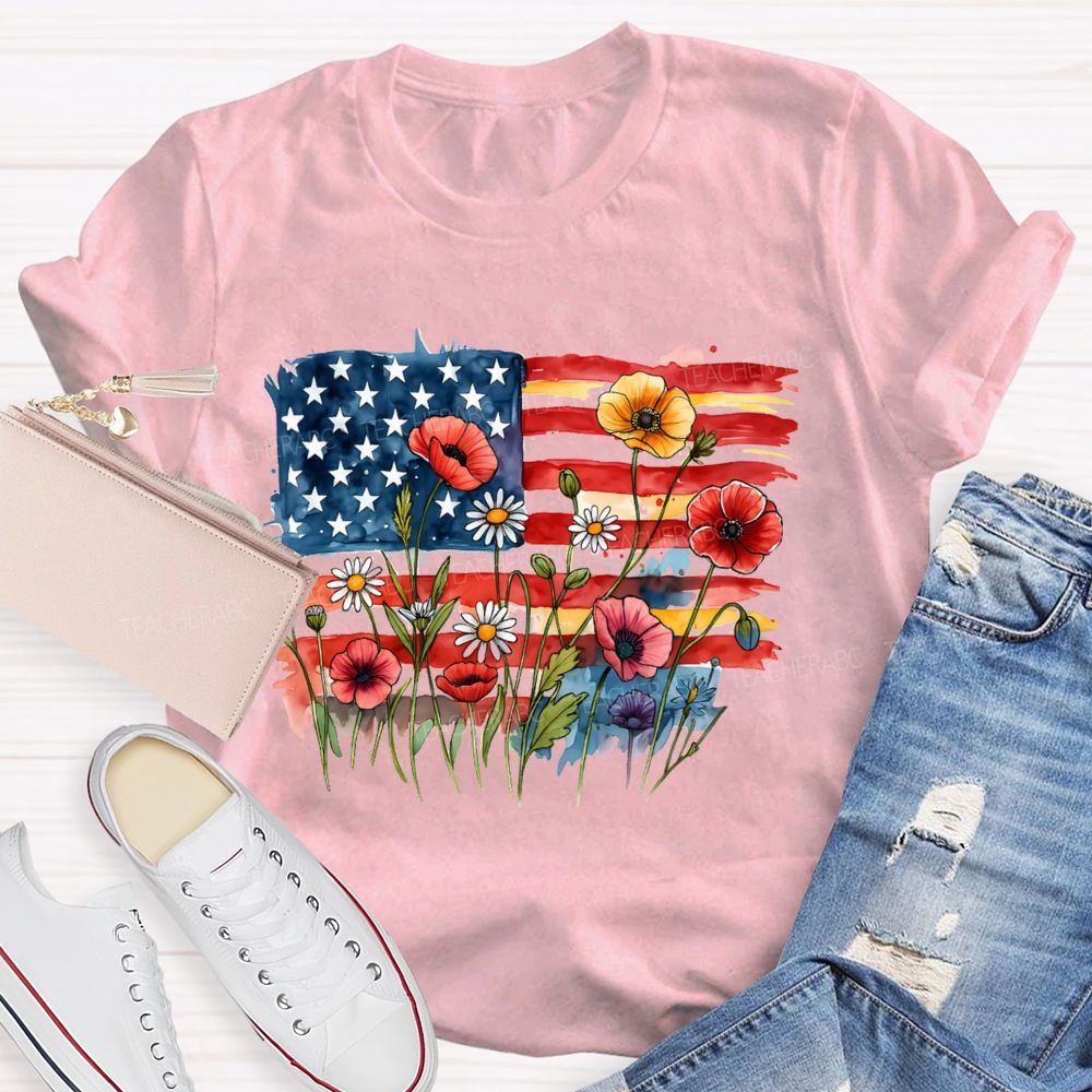 Floral USA Flag 250th Anniversary Teacher T-shirt