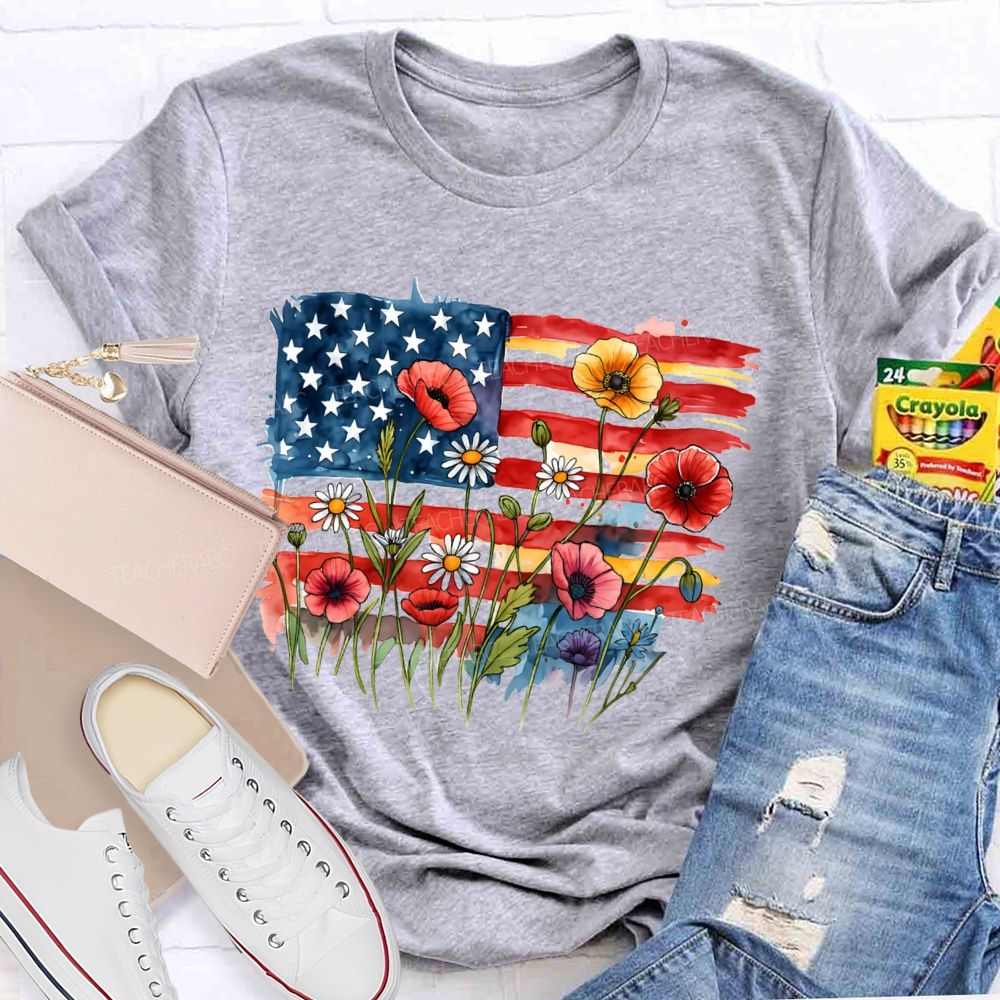 Floral USA Flag 250th Anniversary Teacher T-shirt