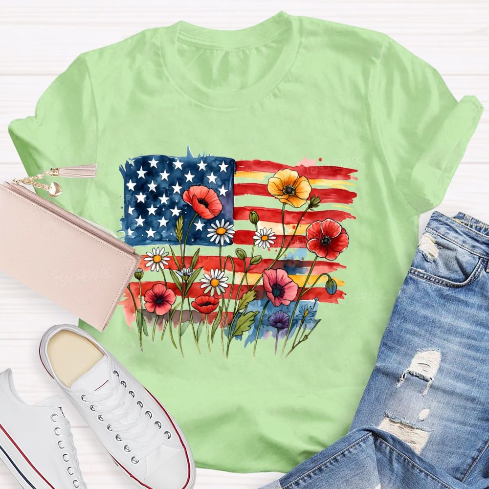 Floral USA Flag 250th Anniversary Teacher T-shirt