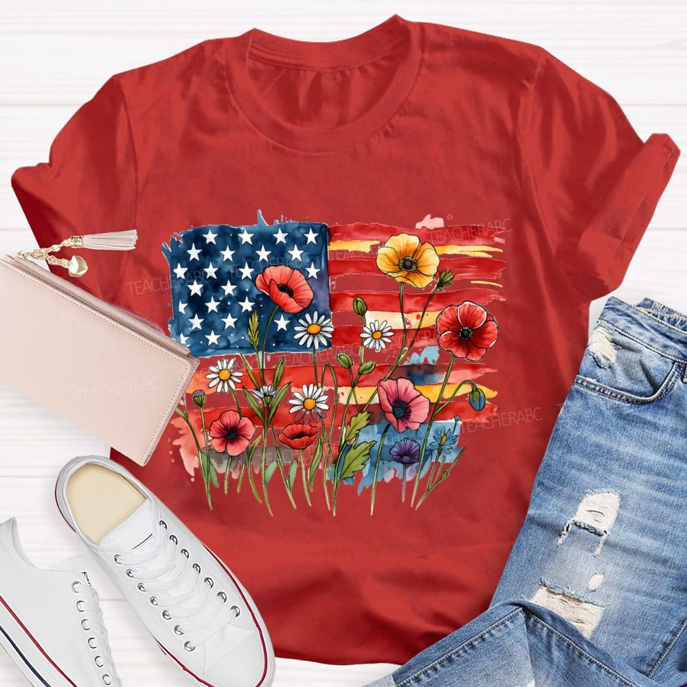 Floral USA Flag 250th Anniversary Teacher T-shirt