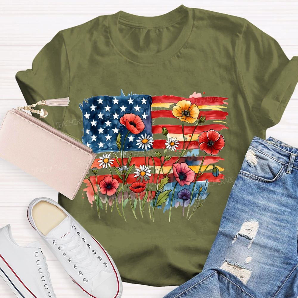 Floral USA Flag 250th Anniversary Teacher T-shirt