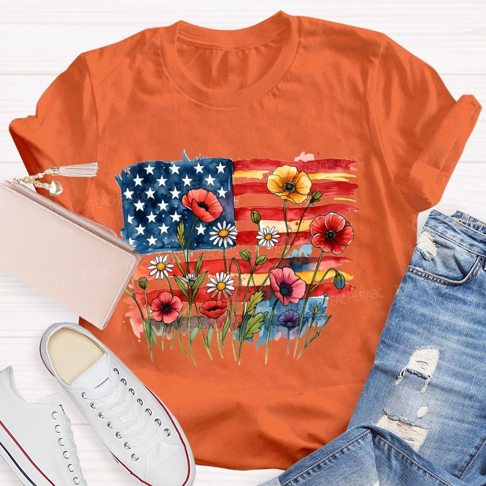 Floral USA Flag 250th Anniversary Teacher T-shirt