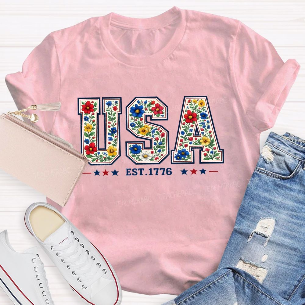 Flowers And Freedom Usa 1776 Teacher T-shirt