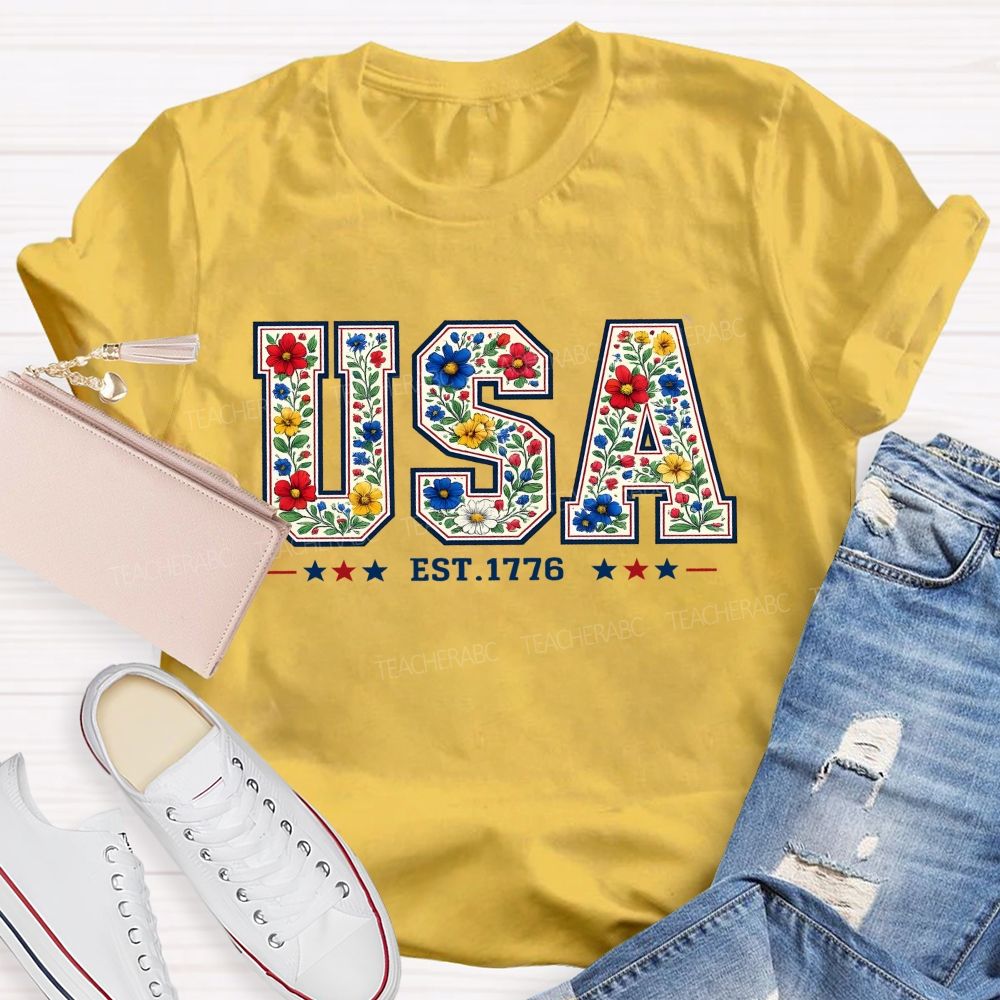 Flowers And Freedom Usa 1776 Teacher T-shirt