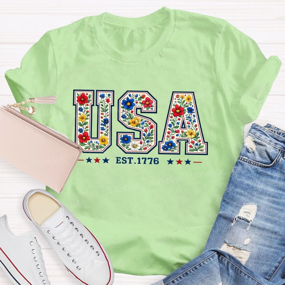 Flowers And Freedom Usa 1776 Teacher T-shirt