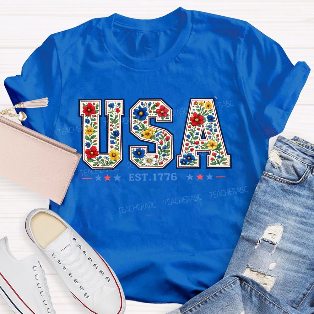 Flowers And Freedom Usa 1776 Teacher T-shirt