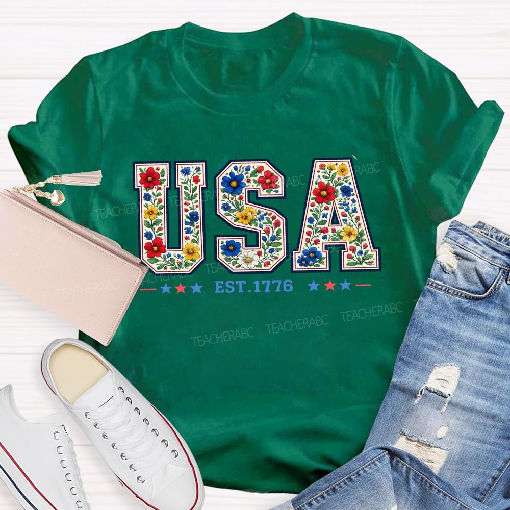 Flowers And Freedom Usa 1776 Teacher T-shirt