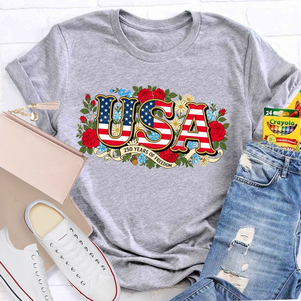 USA 250 Years Of Freedom Floral Red White Blue Teacher T-shirt