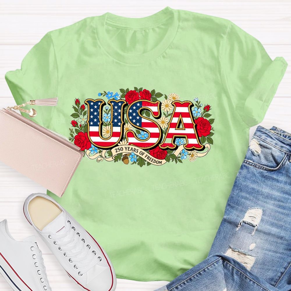 USA 250 Years Of Freedom Floral Red White Blue Teacher T-shirt