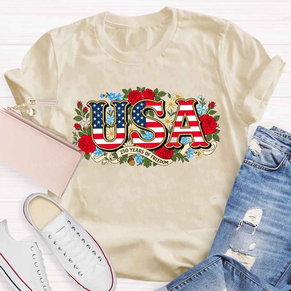 USA 250 Years Of Freedom Floral Red White Blue Teacher T-shirt