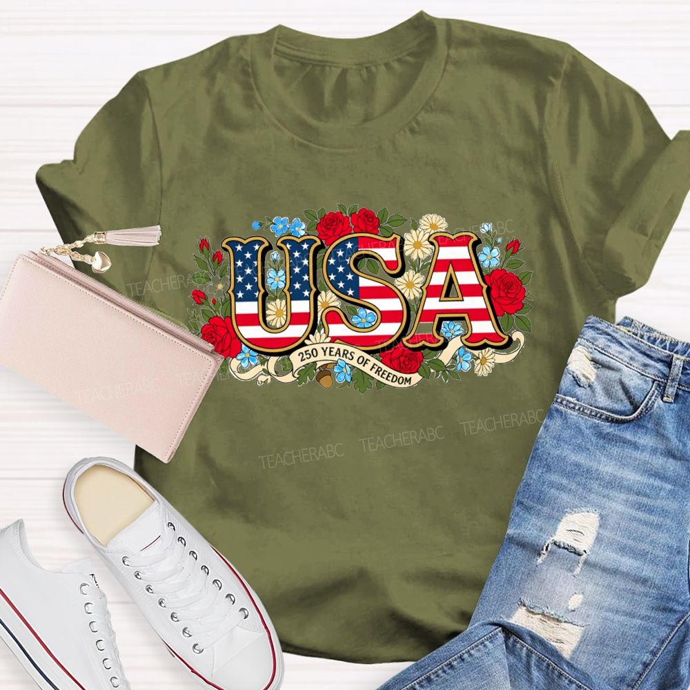 USA 250 Years Of Freedom Floral Red White Blue Teacher T-shirt