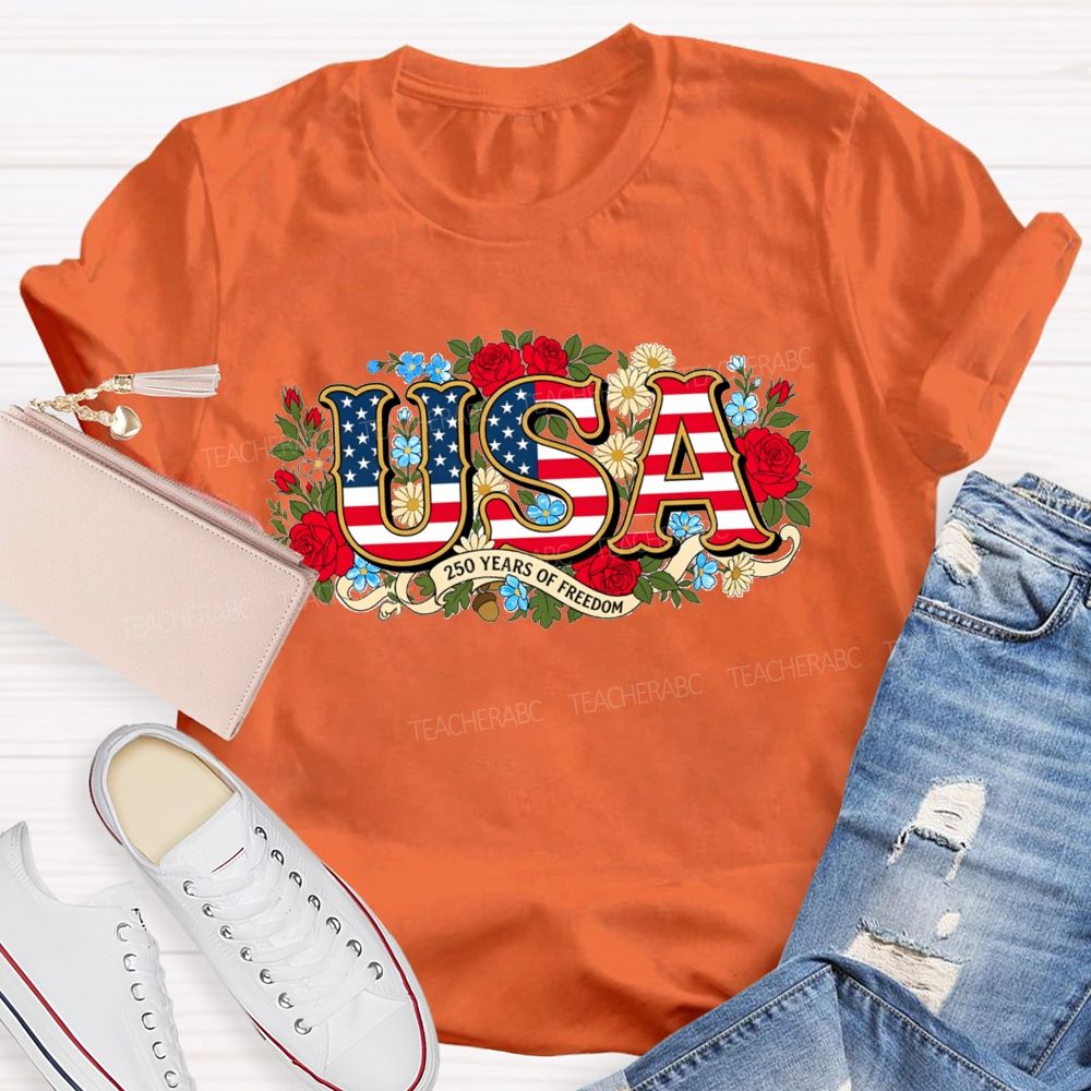 USA 250 Years Of Freedom Floral Red White Blue Teacher T-shirt