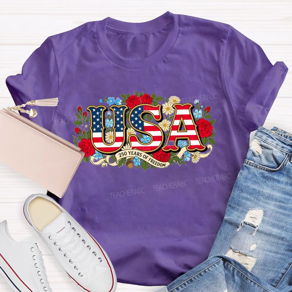 USA 250 Years Of Freedom Floral Red White Blue Teacher T-shirt