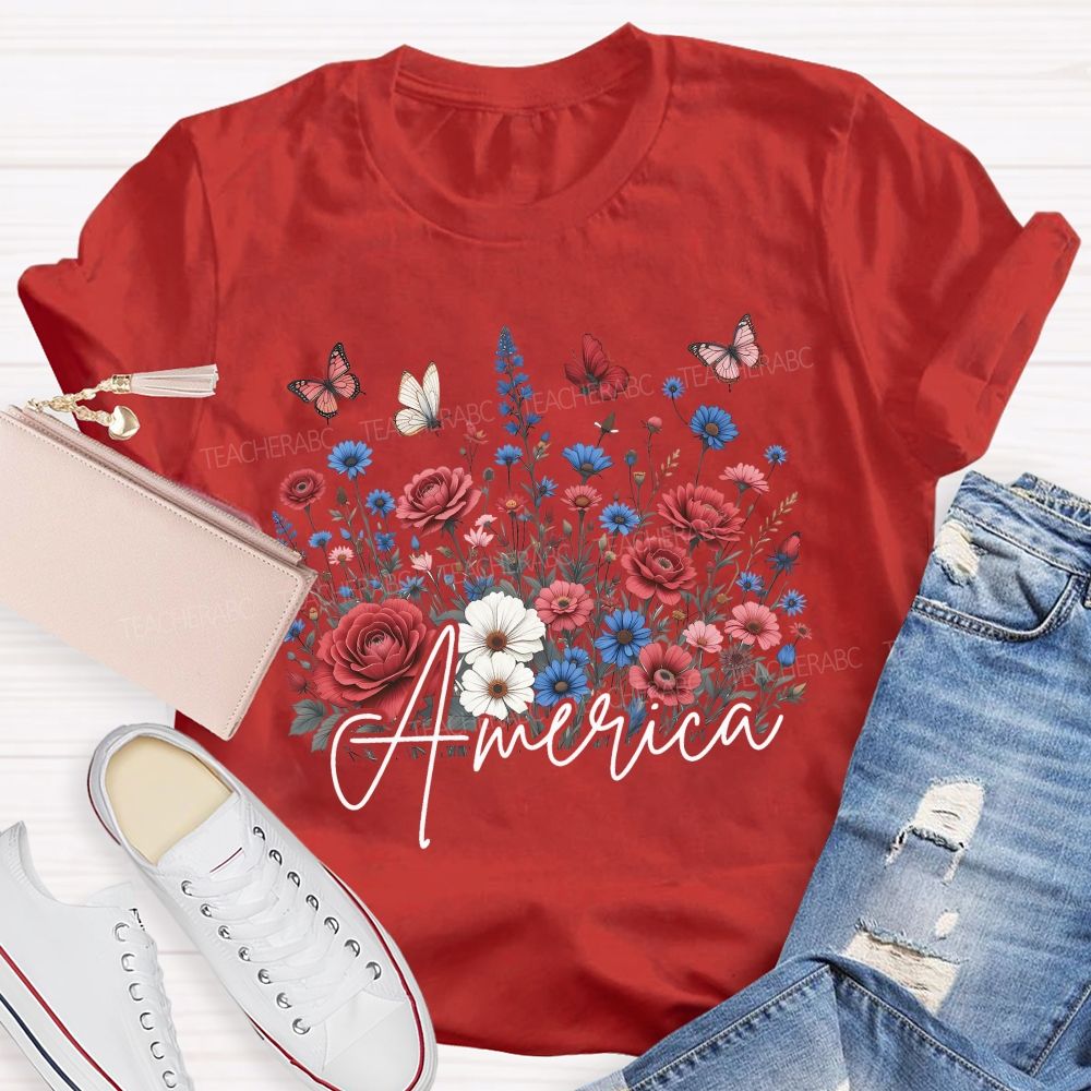 Floral America Forever Beautiful Teacher T-shirt