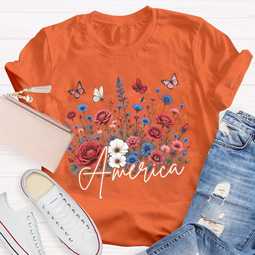 Floral America Forever Beautiful Teacher T-shirt
