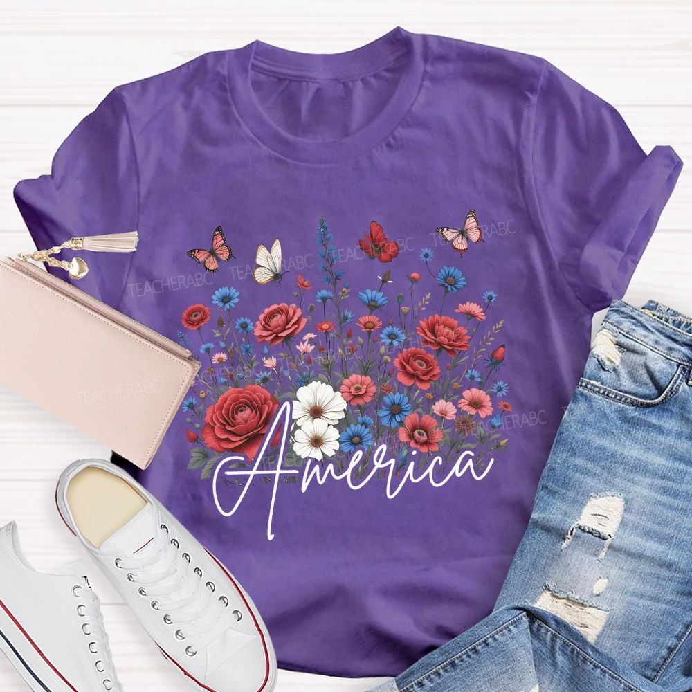 Floral America Forever Beautiful Teacher T-shirt