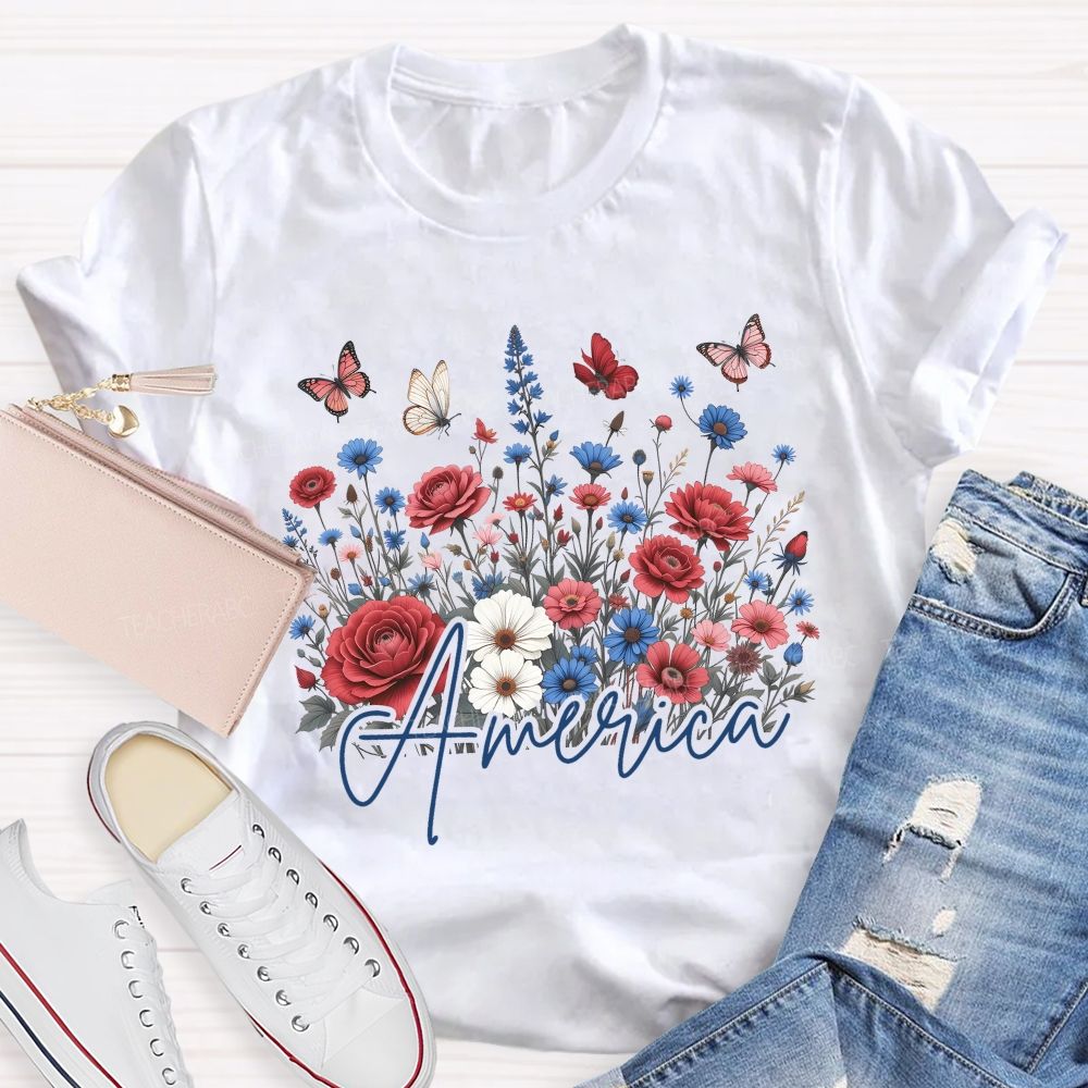 Floral America Forever Beautiful Teacher T-shirt