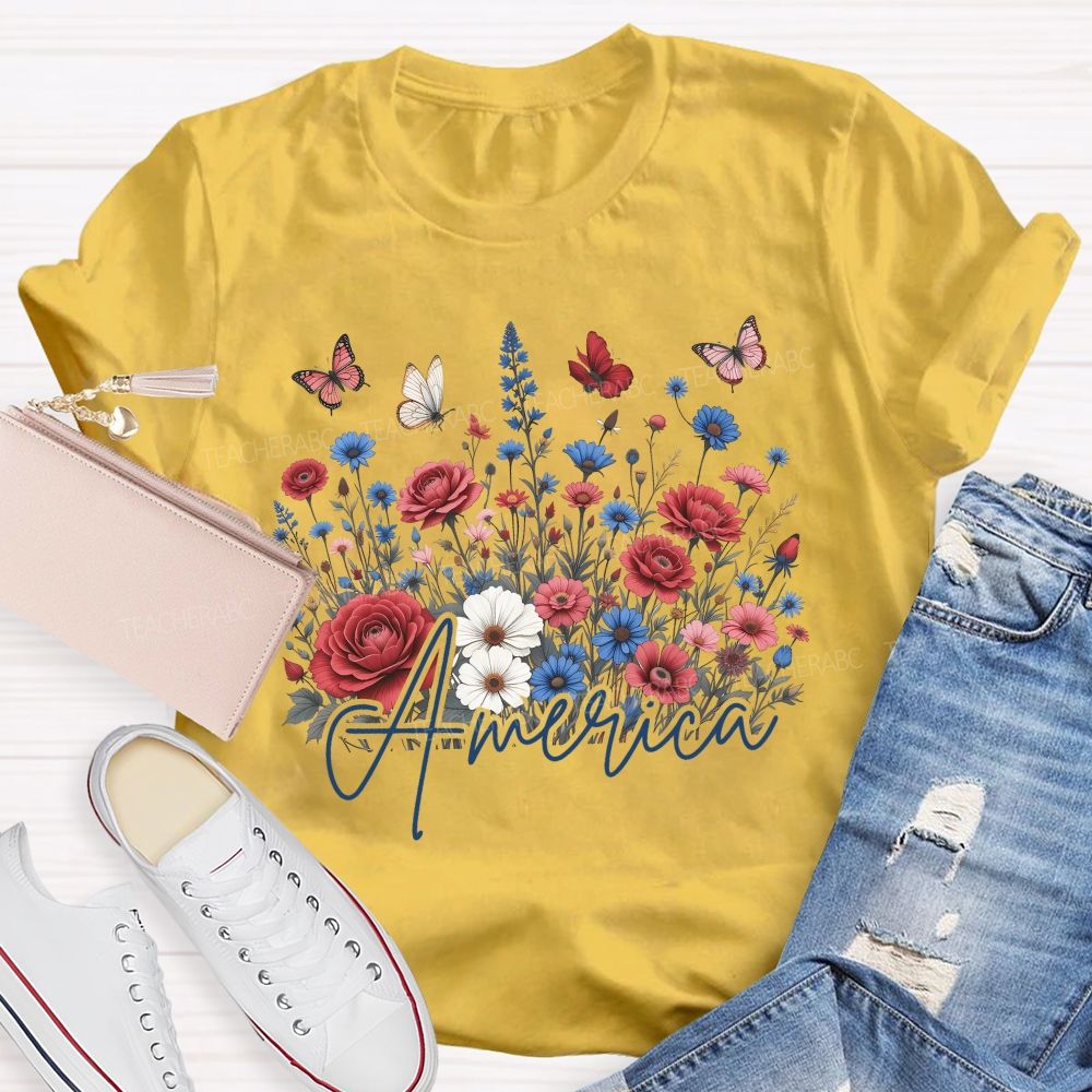 Floral America Forever Beautiful Teacher T-shirt
