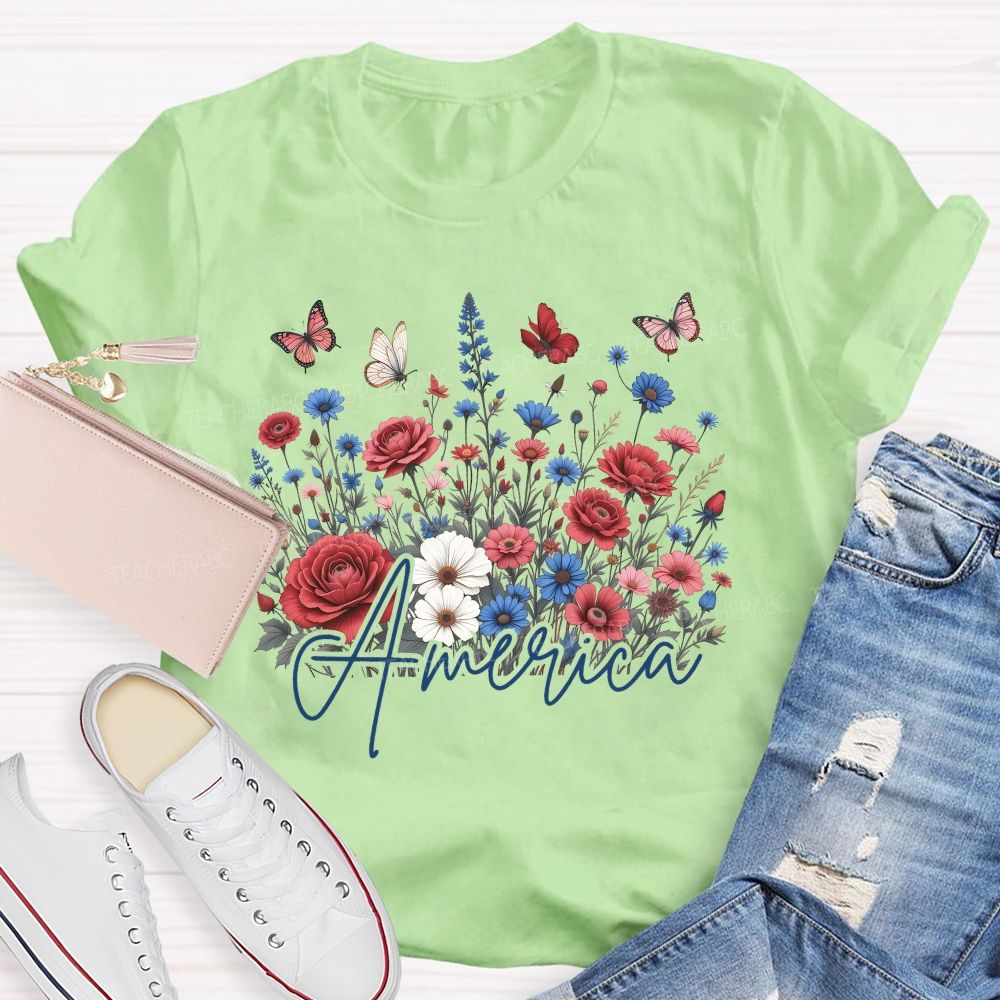 Floral America Forever Beautiful Teacher T-shirt