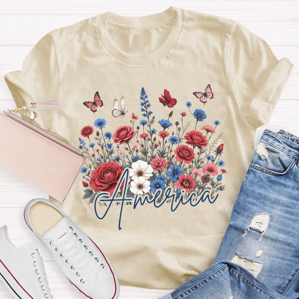 Floral America Forever Beautiful Teacher T-shirt