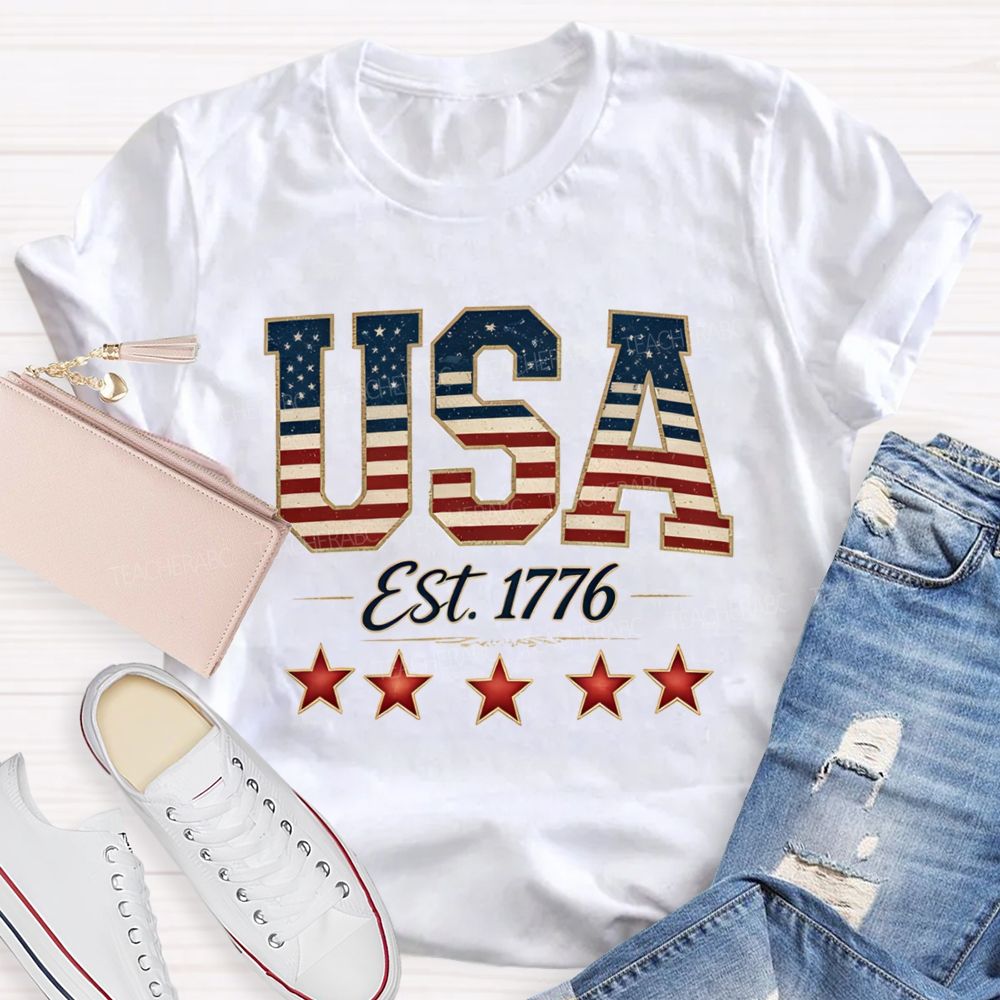 USA Est 1776 Blue Red White Star Teacher T-shirt