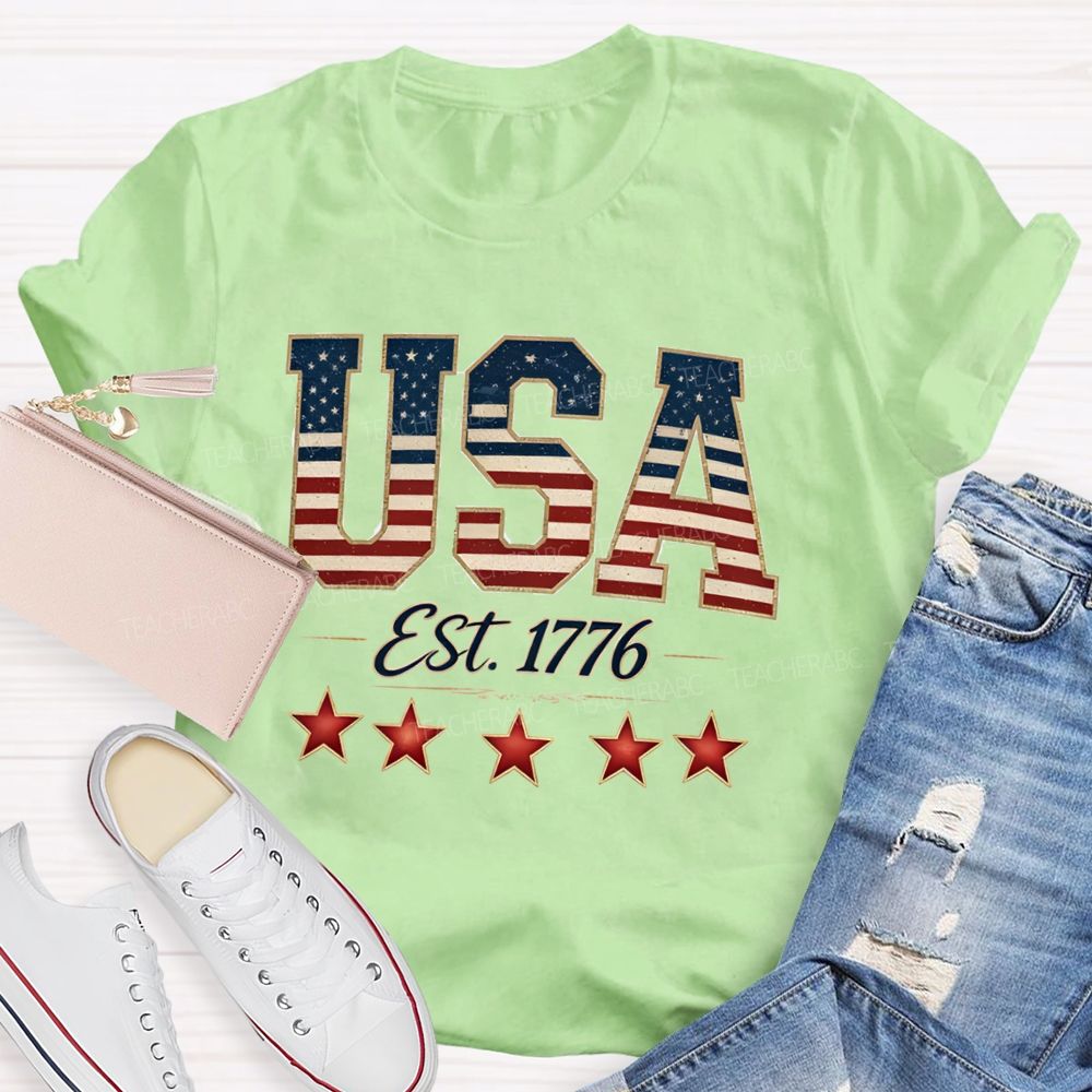 USA Est 1776 Blue Red White Star Teacher T-shirt