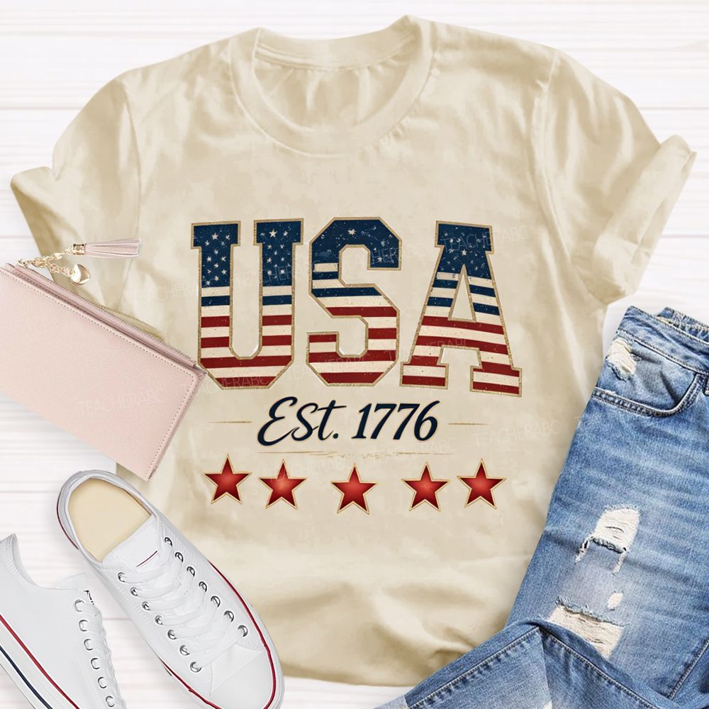 USA Est 1776 Blue Red White Star Teacher T-shirt