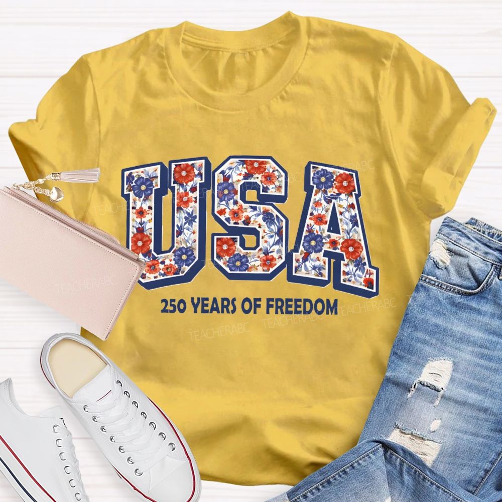 USA 250 Years Of Freedom Floral Letter Teacher T-shirt