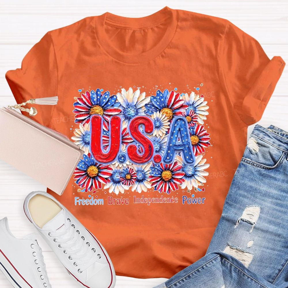 Freedom Brave Independence Power  Flowers Patterns  Teacher T-shirt