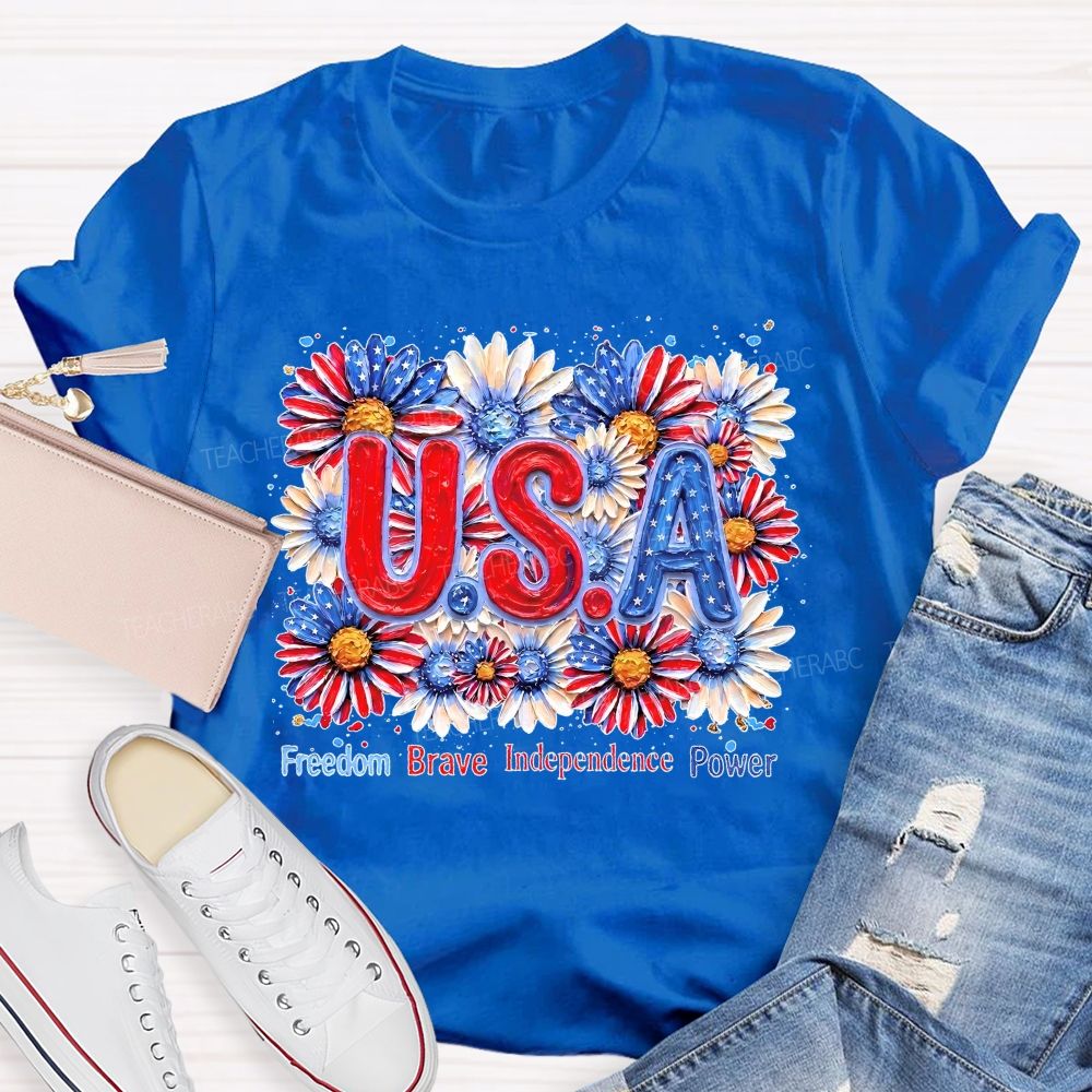 Freedom Brave Independence Power  Flowers Patterns  Teacher T-shirt