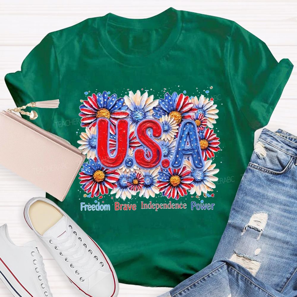 Freedom Brave Independence Power  Flowers Patterns  Teacher T-shirt