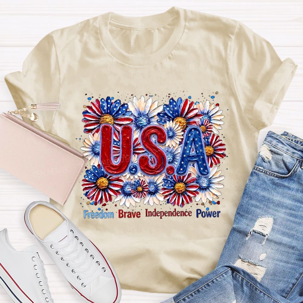 Freedom Brave Independence Power  Flowers Patterns  Teacher T-shirt