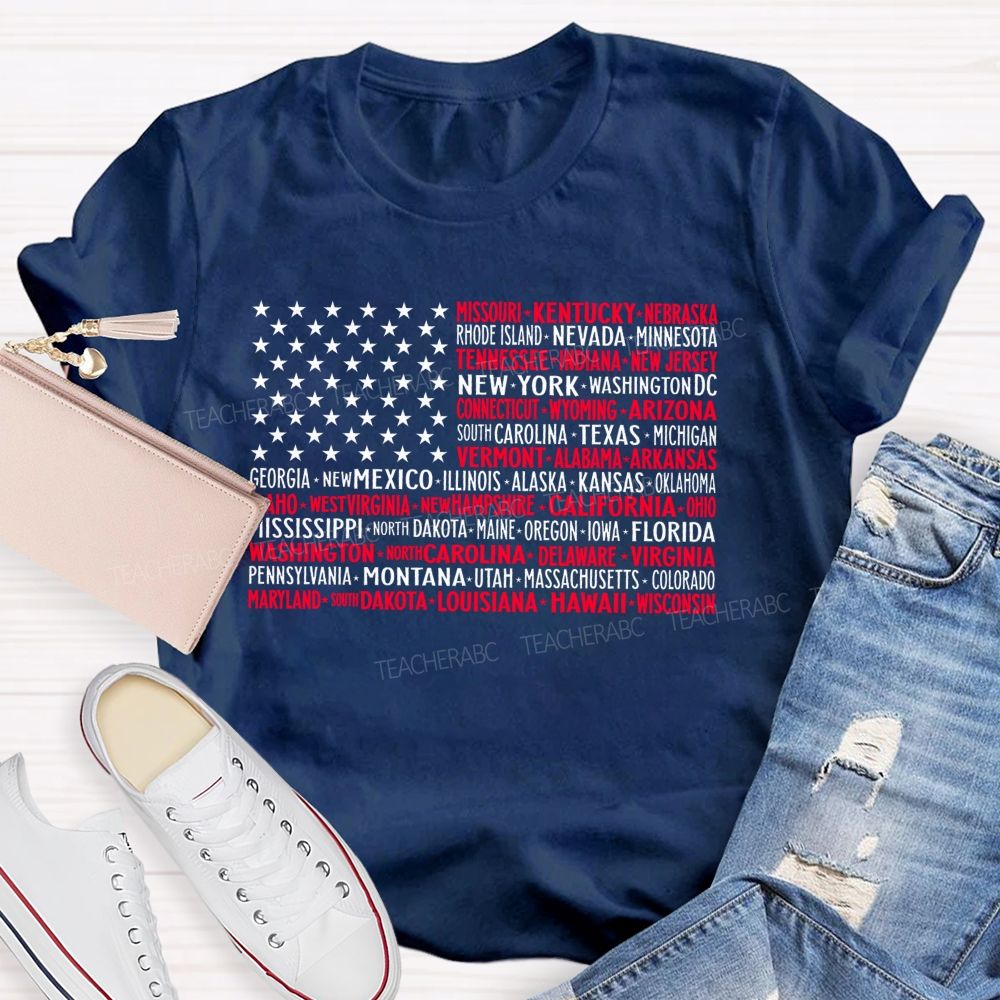 50 States US Flag Graphic  Teacher T-shirt