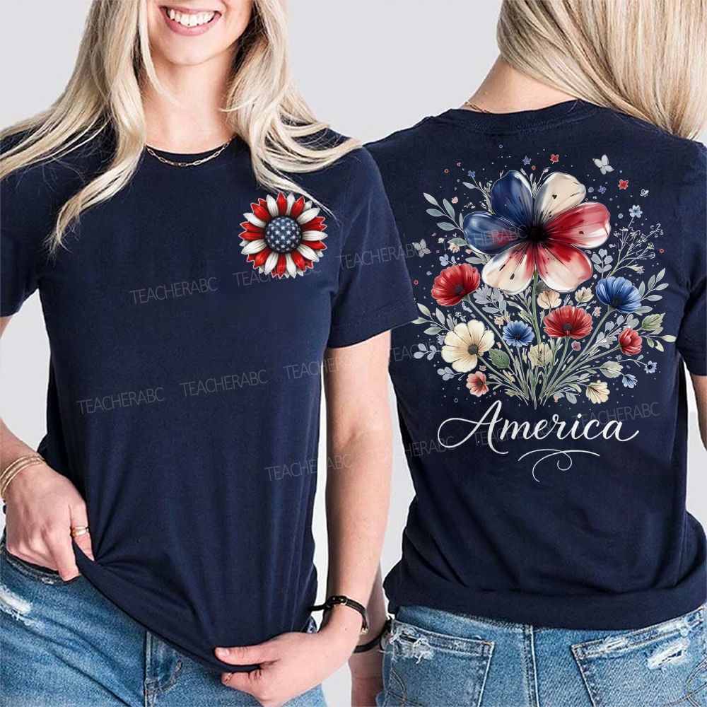 America  Flowers Graphics  Double Printed T-shirt